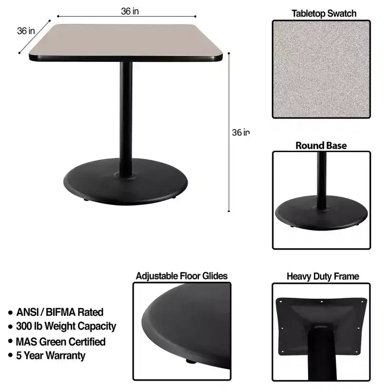 Tavolo da Pranzo Quadrato 36" – Struttura Nera / Piano Grigio Nebuloso