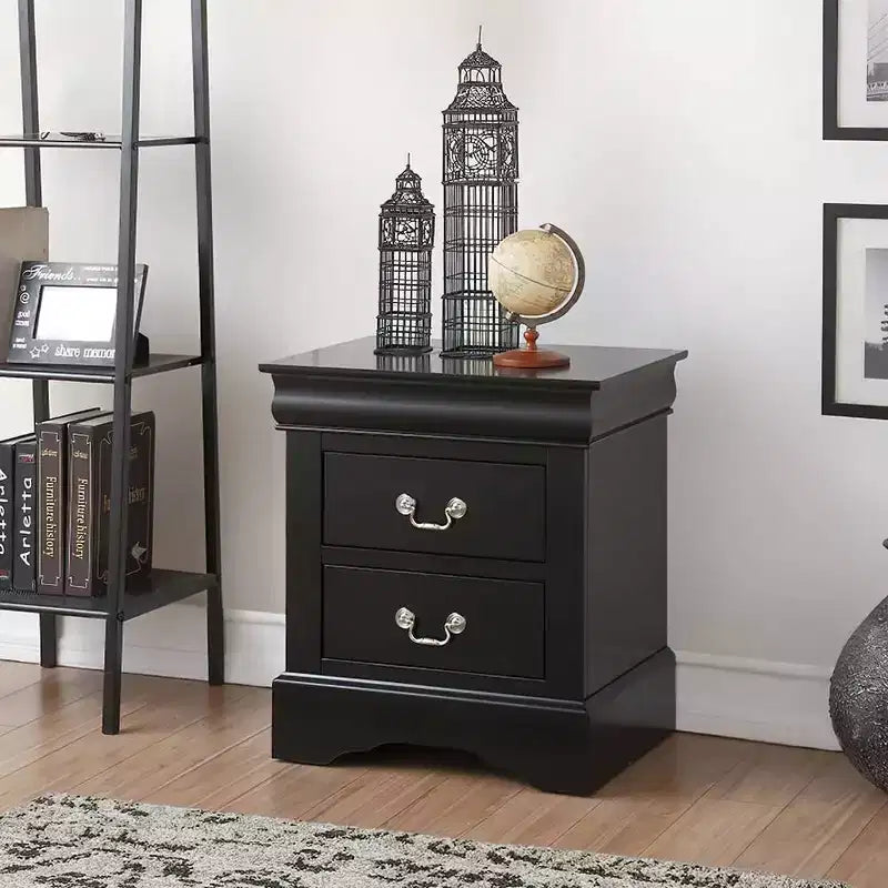 Comodino in legno nero con due cassetti