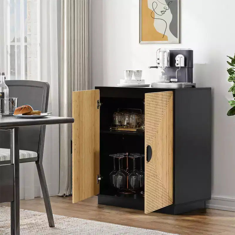 Mobiletto/Credenza moderno Boho a 2 ante nero con strisce di bambù
