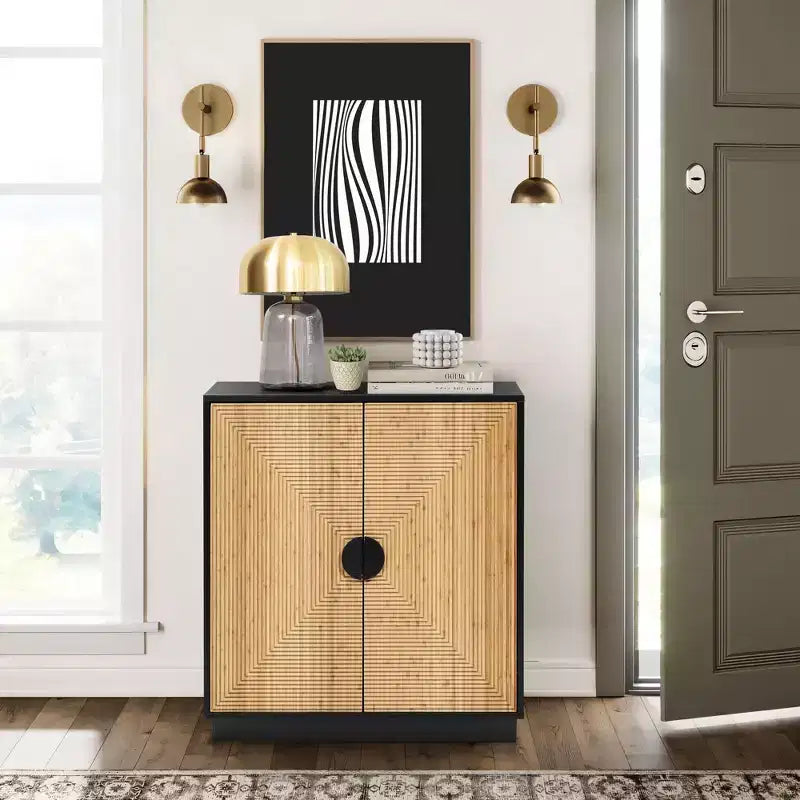 Mobiletto/Credenza moderno Boho a 2 ante nero con strisce di bambù