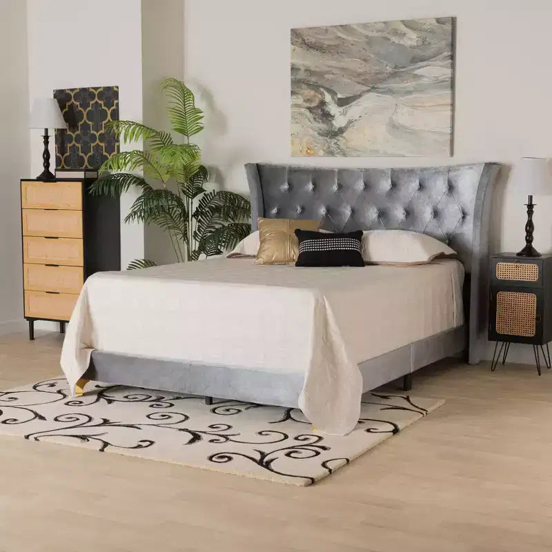 Upholstered Queen Panel Bed with Wingback Headboard