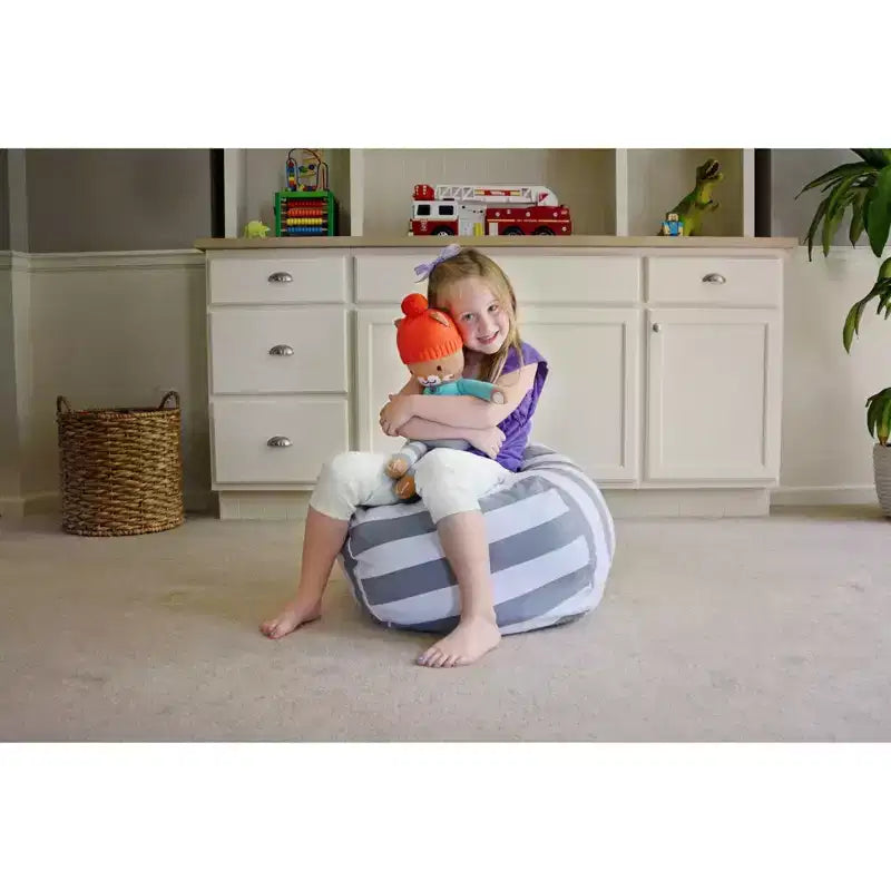Fodera XL per pouf contenitore per animali di peluche – Righe grigie/bianche