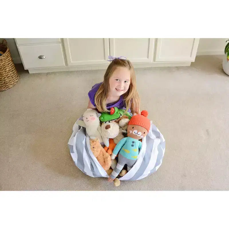 Fodera XL per pouf contenitore per animali di peluche – Righe grigie/bianche