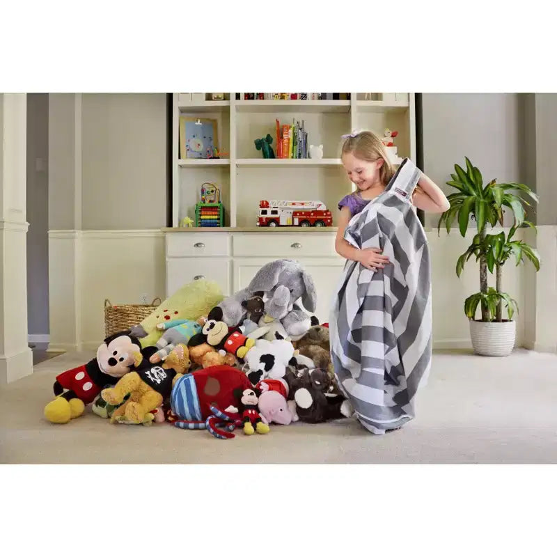 Fodera XL per pouf contenitore per animali di peluche – Righe grigie/bianche