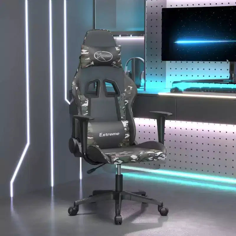 Sedia da gaming regolabile con poggiapiedi - Nera e mimetica, Ecopelle, Girevole a 360°