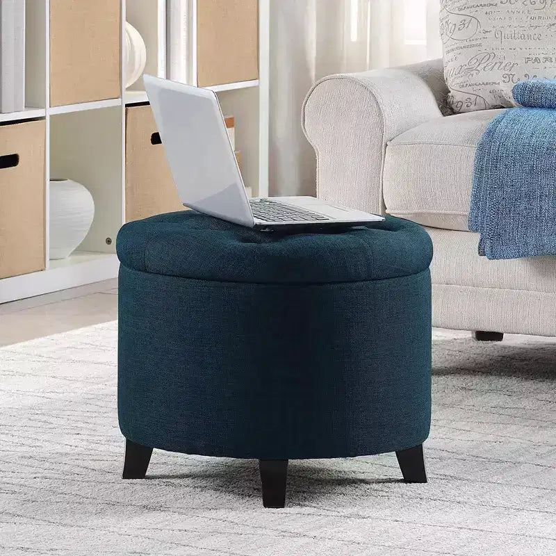 Poggiapiedi contenitore rotondo con rivestimento trapuntato