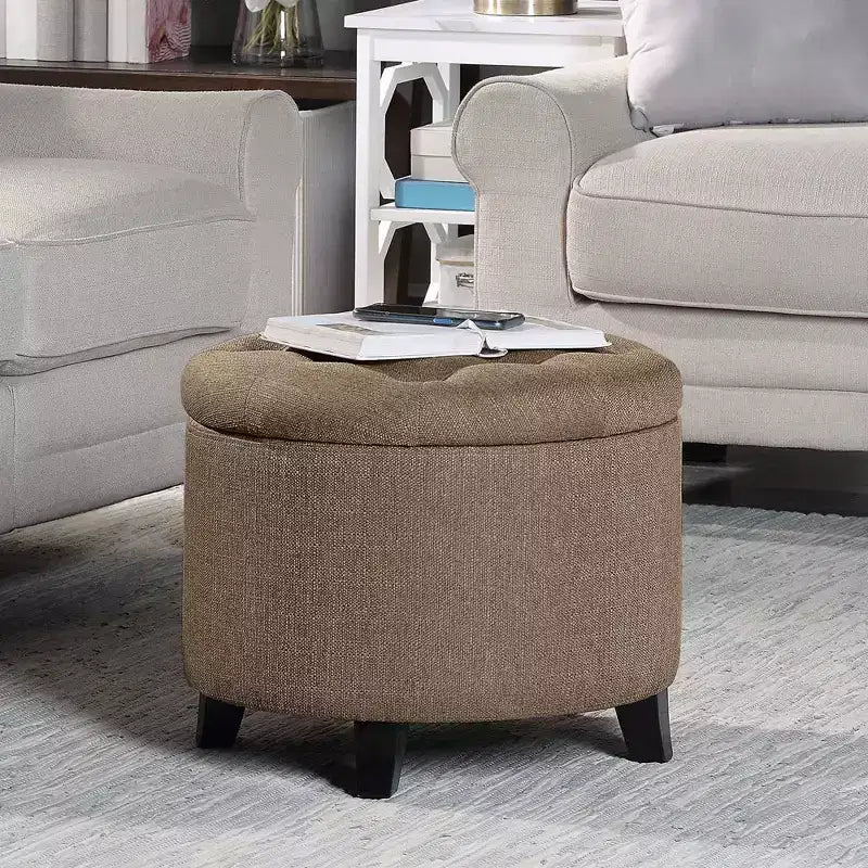 Poggiapiedi contenitore rotondo con rivestimento trapuntato