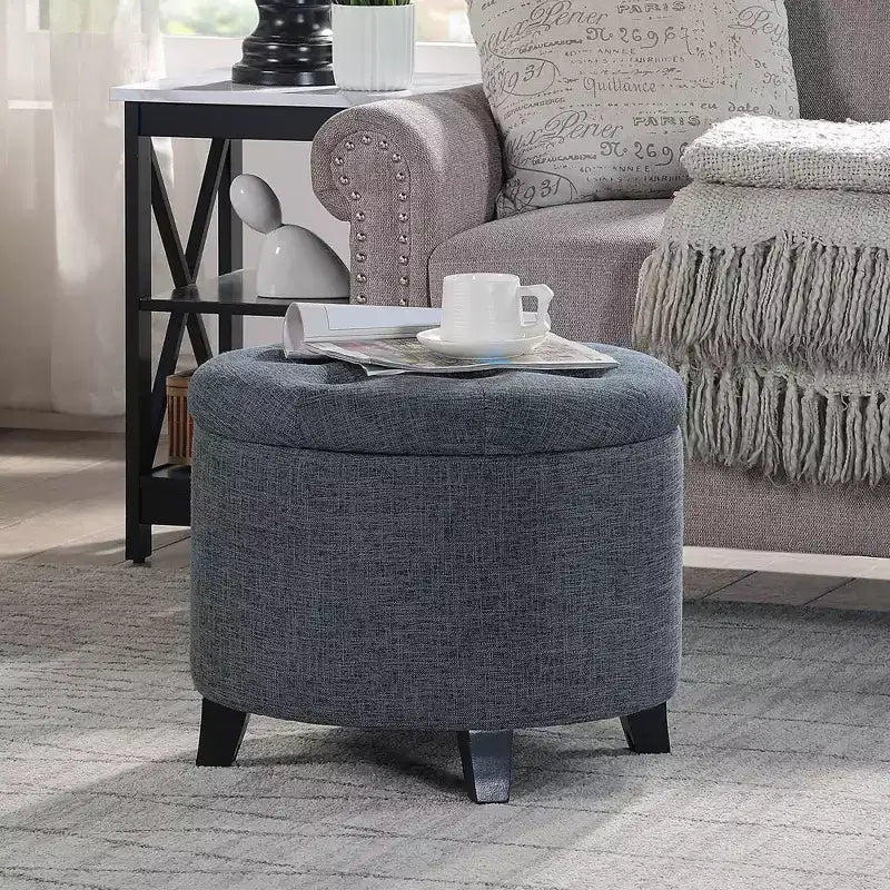 Poggiapiedi contenitore rotondo con rivestimento trapuntato