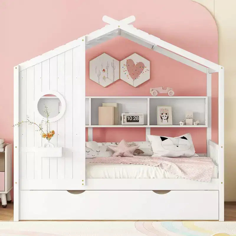 Letto a piattaforma a forma di casetta in legno, una piazza e mezza/matrimoniale, con letto estraibile e ripiano contenitore per bambini