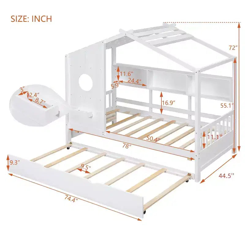 Letto a piattaforma a forma di casetta in legno, una piazza e mezza/matrimoniale, con letto estraibile e ripiano contenitore per bambini