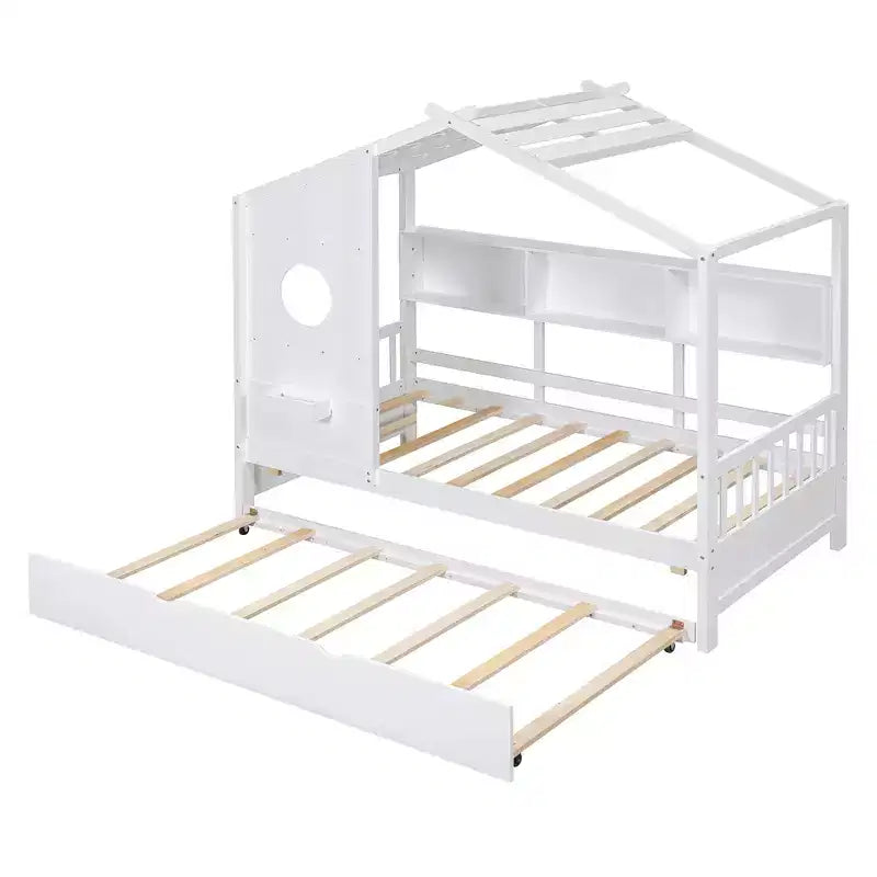 Letto a piattaforma a forma di casetta in legno, una piazza e mezza/matrimoniale, con letto estraibile e ripiano contenitore per bambini