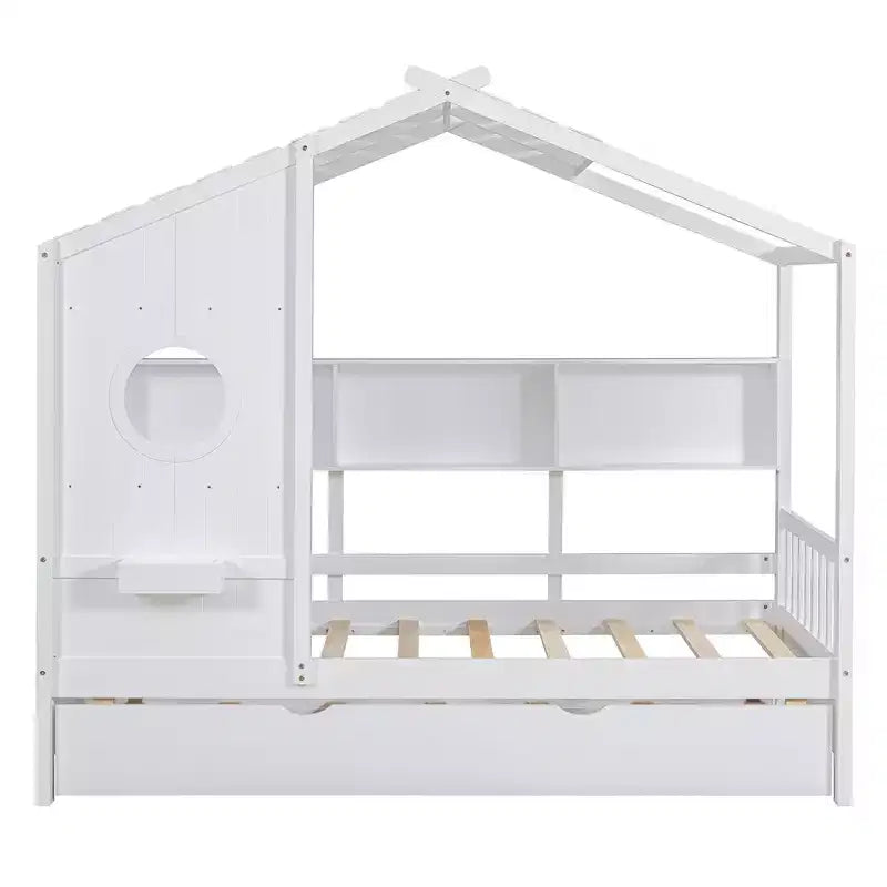 Letto a piattaforma a forma di casetta in legno, una piazza e mezza/matrimoniale, con letto estraibile e ripiano contenitore per bambini