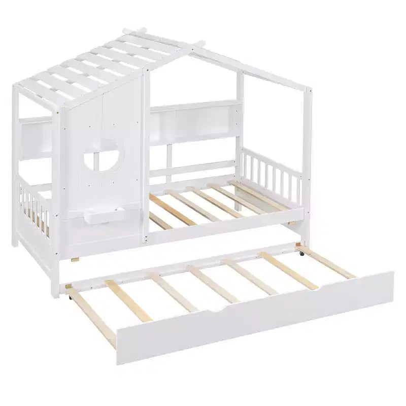 Letto a piattaforma a forma di casetta in legno, una piazza e mezza/matrimoniale, con letto estraibile e ripiano contenitore per bambini