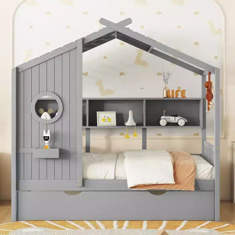 Letto a piattaforma a forma di casetta in legno, una piazza e mezza/matrimoniale, con letto estraibile e ripiano contenitore per bambini