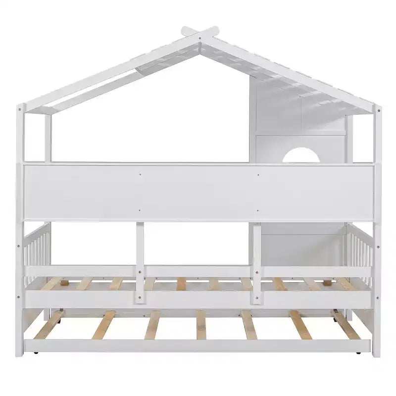Letto a piattaforma a forma di casetta in legno, una piazza e mezza/matrimoniale, con letto estraibile e ripiano contenitore per bambini