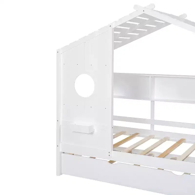 Letto a piattaforma a forma di casetta in legno, una piazza e mezza/matrimoniale, con letto estraibile e ripiano contenitore per bambini
