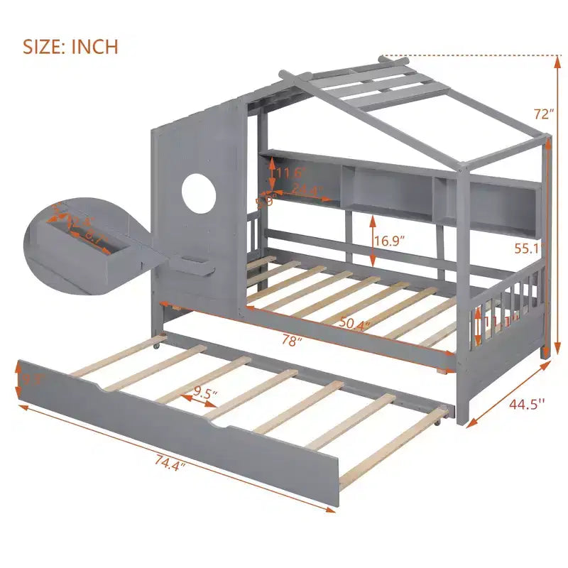 Twin/Full Size Wood House Platform Bed with Trundle and Storage Shelf for Kids