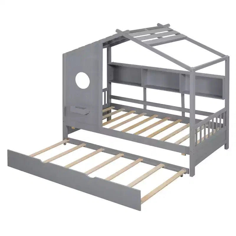 Twin/Full Size Wood House Platform Bed with Trundle and Storage Shelf for Kids