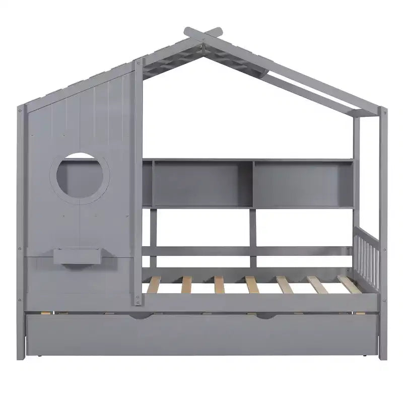 Letto a piattaforma a forma di casetta in legno, una piazza e mezza/matrimoniale, con letto estraibile e ripiano contenitore per bambini