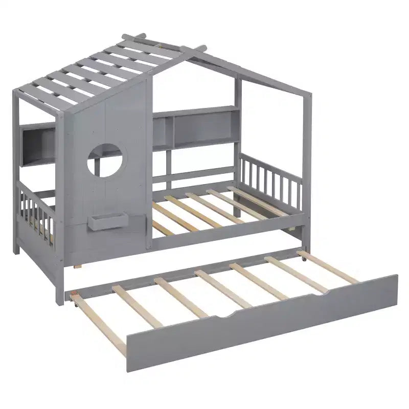 Letto a piattaforma a forma di casetta in legno, una piazza e mezza/matrimoniale, con letto estraibile e ripiano contenitore per bambini