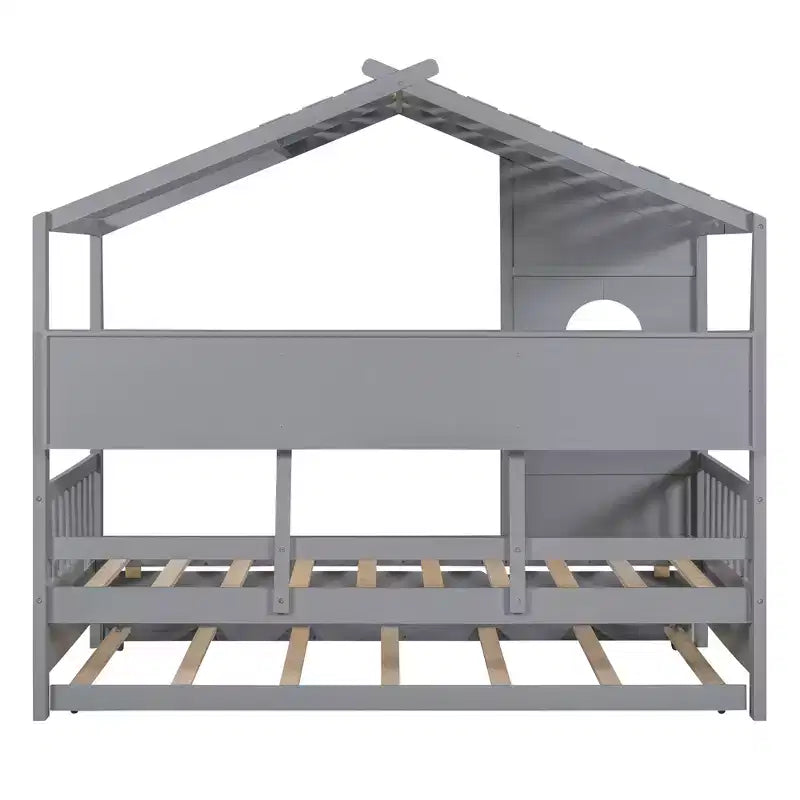 Letto a piattaforma a forma di casetta in legno, una piazza e mezza/matrimoniale, con letto estraibile e ripiano contenitore per bambini