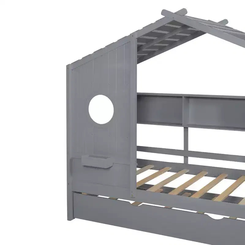 Letto a piattaforma a forma di casetta in legno, una piazza e mezza/matrimoniale, con letto estraibile e ripiano contenitore per bambini