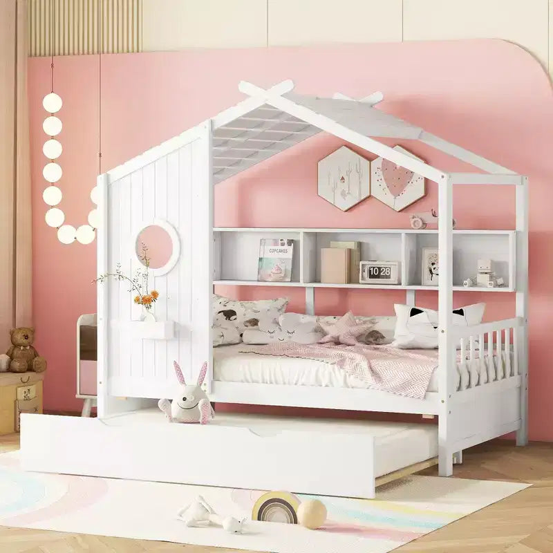 Twin/Full Size Wood House Platform Bed with Trundle and Storage Shelf for Kids