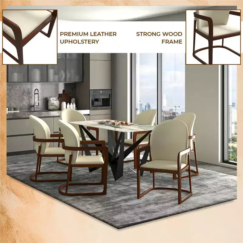 Sedia da pranzo moderna con struttura in legno massello e rivestimento in pelle