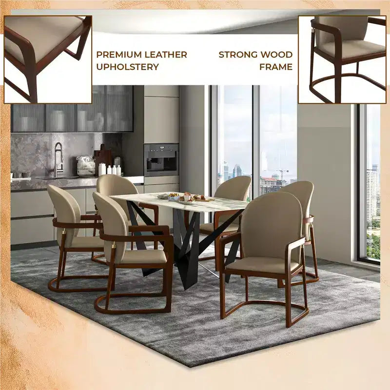 Sedia da pranzo moderna con struttura in legno massello e rivestimento in pelle
