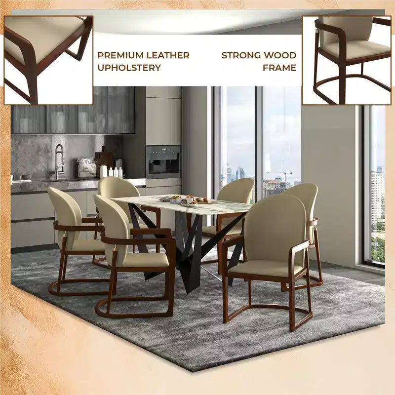 Sedia da pranzo moderna con struttura in legno massello e rivestimento in pelle