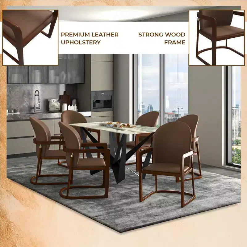 Sedia da pranzo moderna con struttura in legno massello e rivestimento in pelle