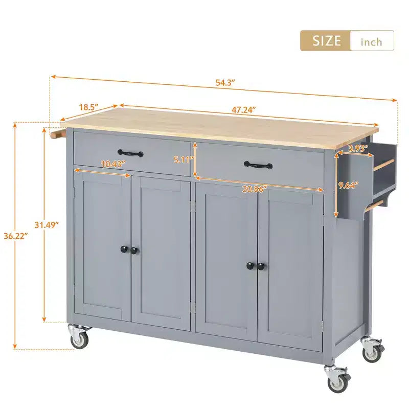 Carrello da cucina su ruote con 2 cassetti e mobile a 4 ante
