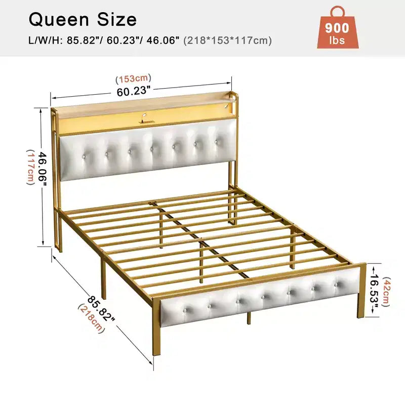 Upholstered Platform Bed Frame with LED Headboard and USB Ports