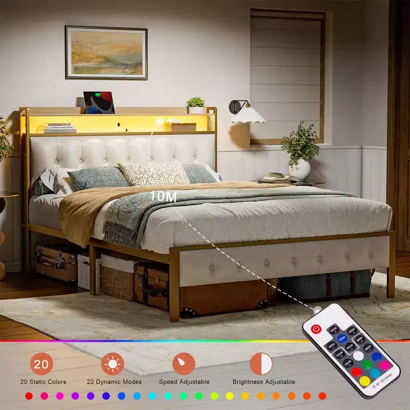 Upholstered Platform Bed Frame with LED Headboard and USB Ports