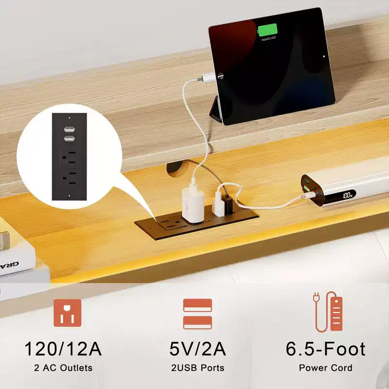 Letto Imbottito con Testiera a LED e Porte USB