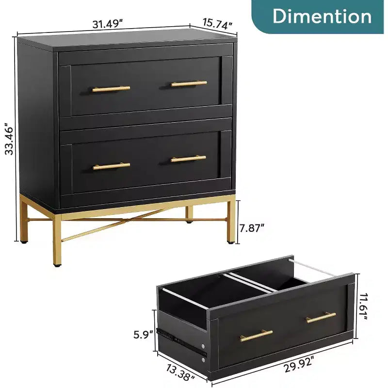 Comodino Nero in Legno con 2 Cassetti