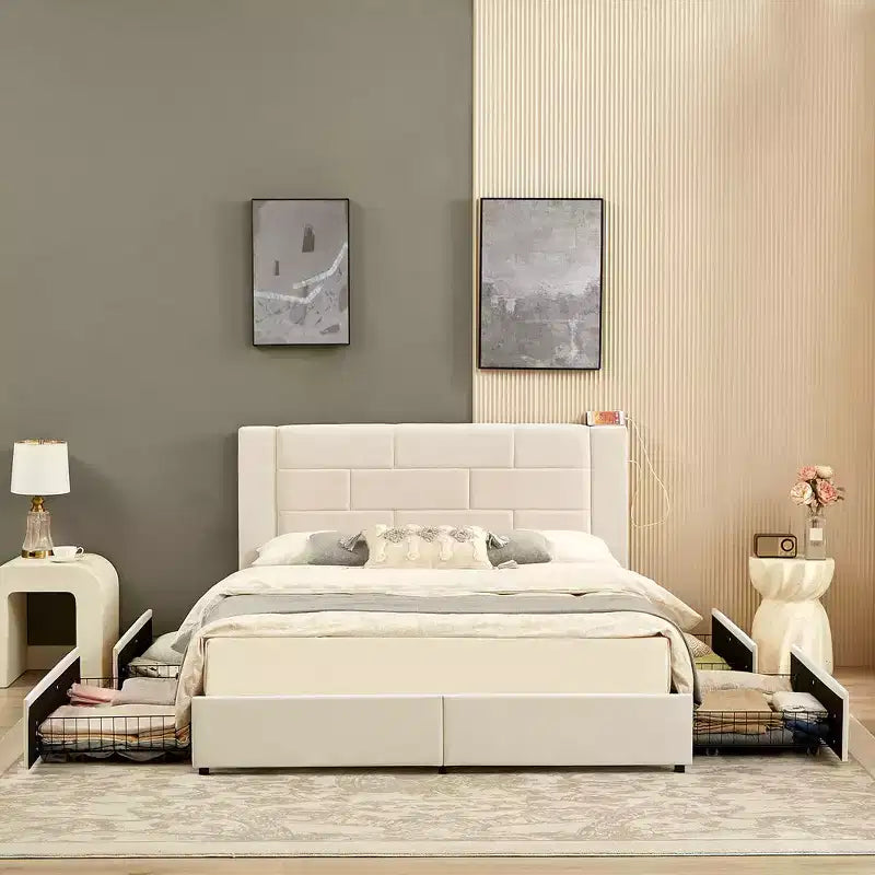 VECELO Upholstered Bed Metal Frame Platform Bed with USB Charging