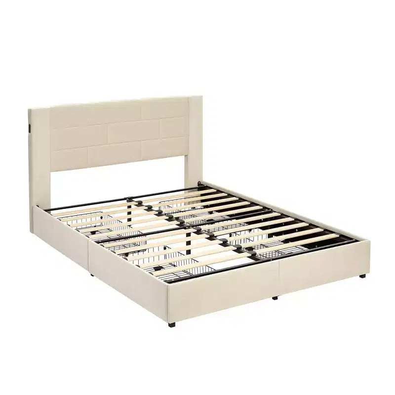Letto imbottito con piattaforma, ricarica USB e cassetti portaoggetti
