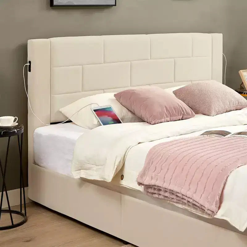 Letto imbottito con piattaforma, ricarica USB e cassetti portaoggetti