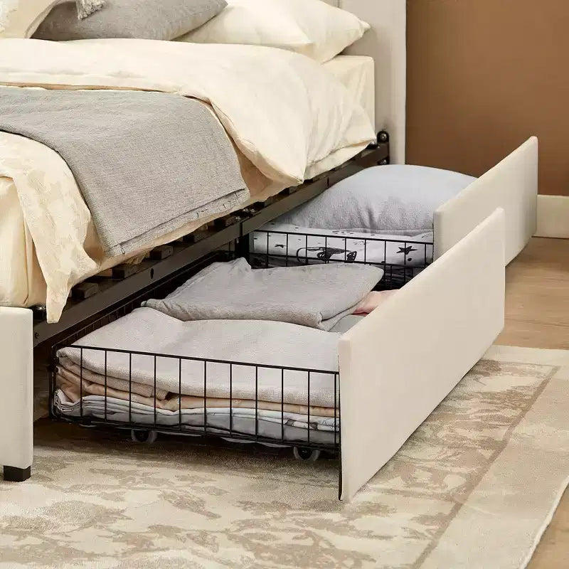 Letto imbottito con piattaforma, ricarica USB e cassetti portaoggetti