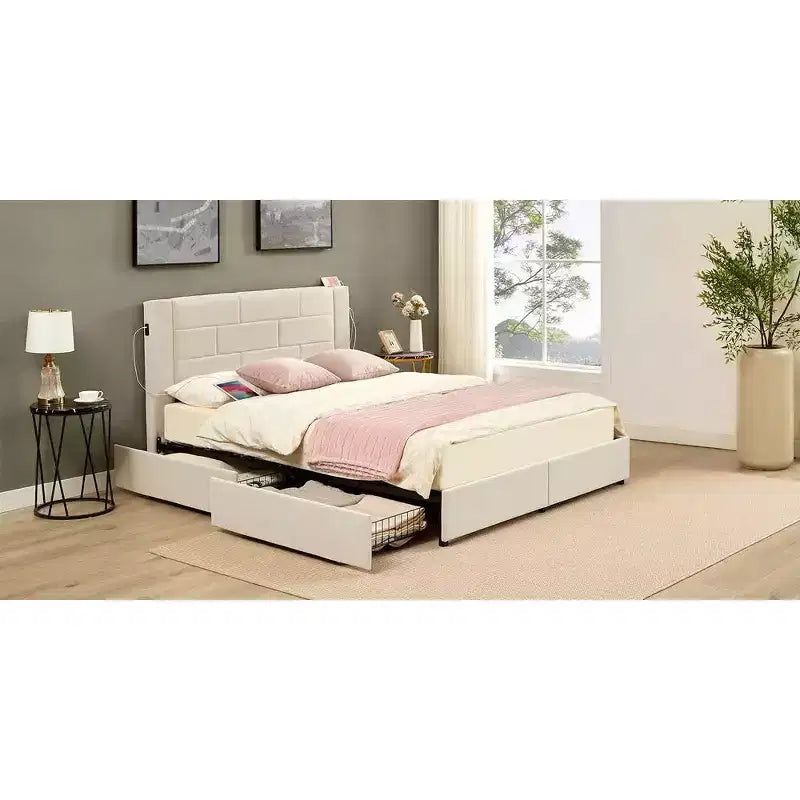 Letto imbottito con piattaforma, ricarica USB e cassetti portaoggetti