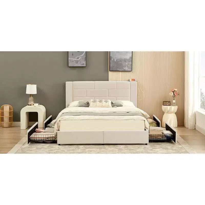 Letto imbottito con piattaforma, ricarica USB e cassetti portaoggetti