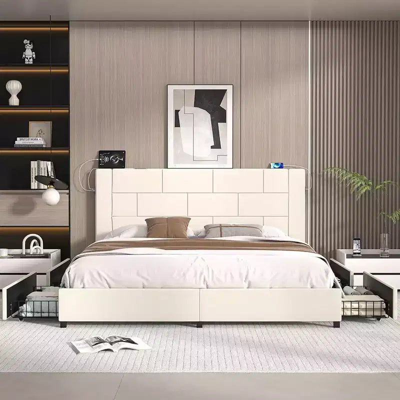 Letto imbottito con piattaforma, ricarica USB e cassetti portaoggetti