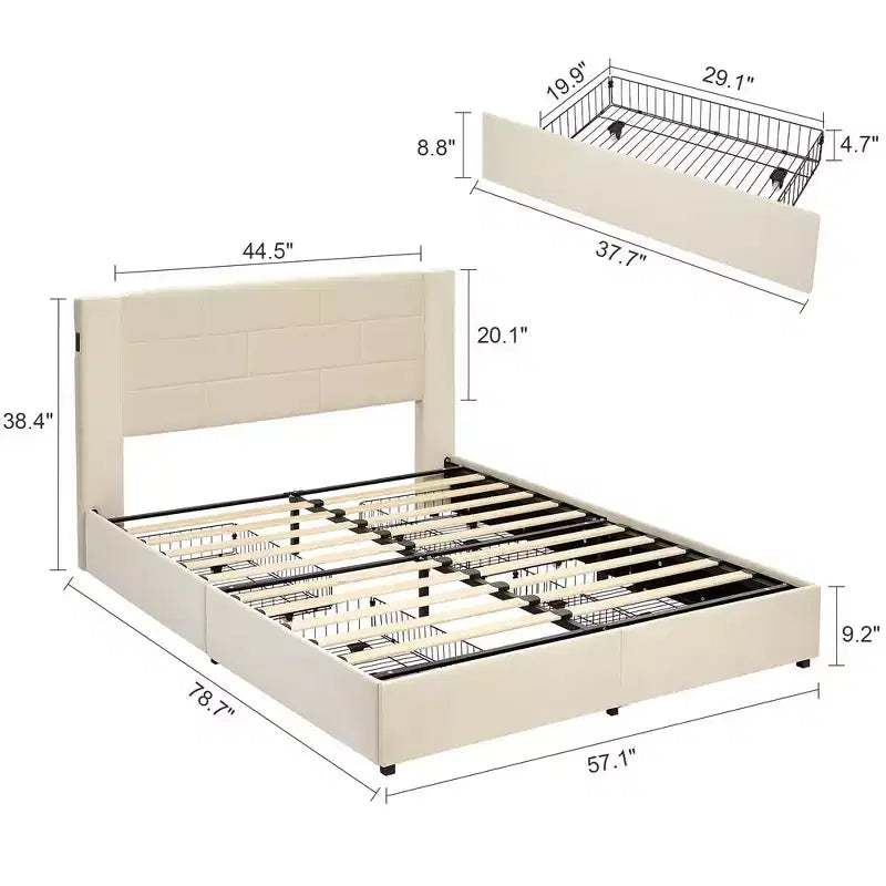 Upholstered Platform Bed with USB Charging and Storage Drawers