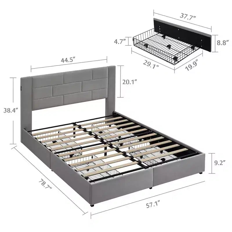 Letto imbottito con piattaforma, ricarica USB e cassetti portaoggetti