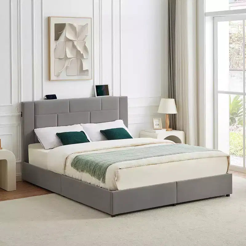 Letto imbottito con piattaforma, ricarica USB e cassetti portaoggetti
