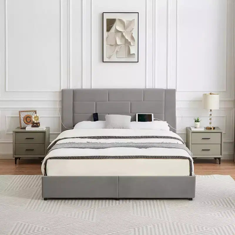 Letto imbottito con piattaforma, ricarica USB e cassetti portaoggetti