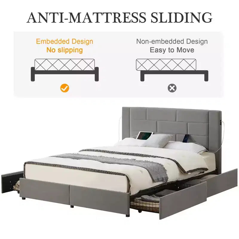 Letto imbottito con piattaforma, ricarica USB e cassetti portaoggetti