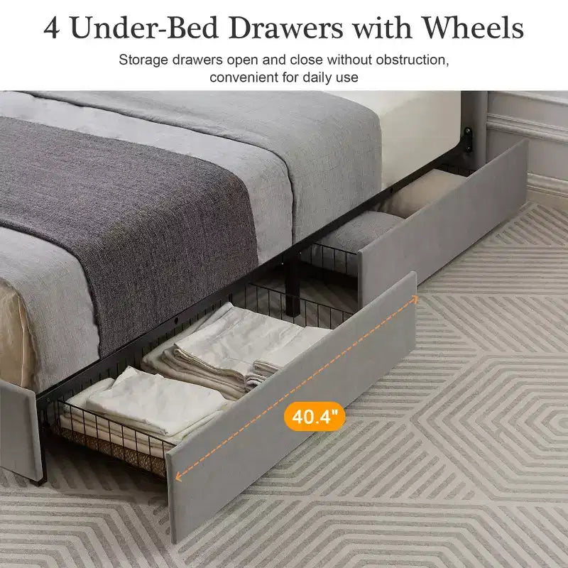 Letto imbottito con piattaforma, ricarica USB e cassetti portaoggetti