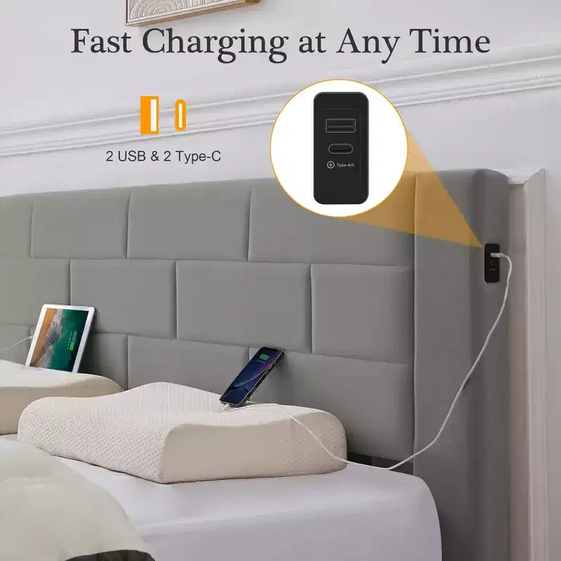 Letto imbottito con piattaforma, ricarica USB e cassetti portaoggetti